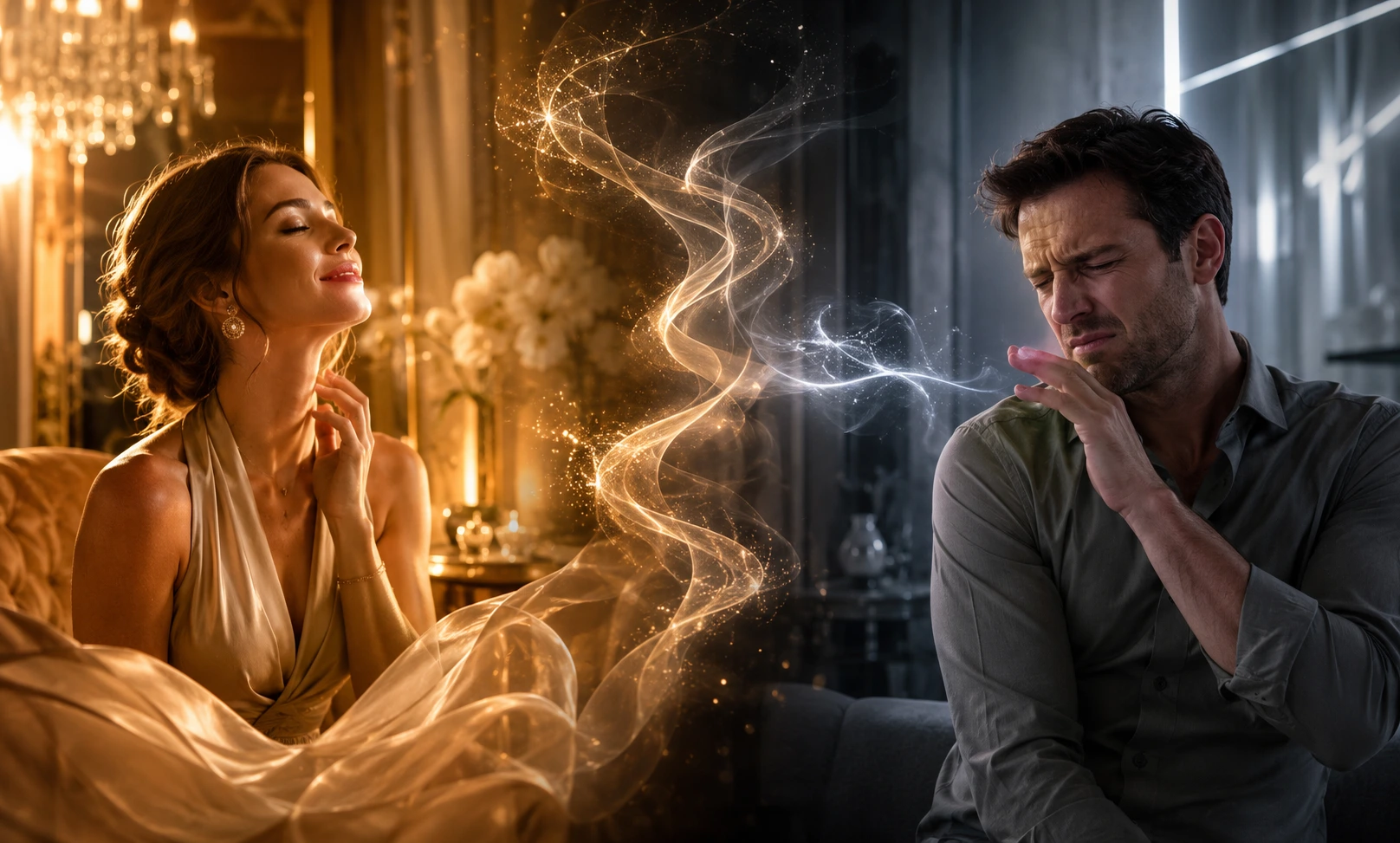 Two people reacting differently to the same Baccarat Rouge 540 scent trail, showing why some love its luxurious sweetness while others dislike its sharp character.