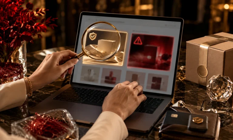 Luxury online shopping scene showing a buyer carefully checking a Baccarat Rouge 540 listing on a laptop to avoid counterfeit perfume offers online.