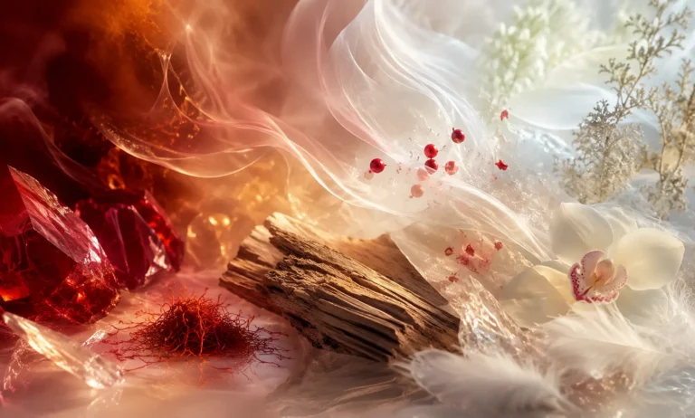Luxurious abstract fragrance-inspired scene representing Baccarat Rouge 540 alternatives without the burnt sugar effect, featuring saffron threads, glowing crystal, airy white florals, soft musky textures, and warm woody elements.