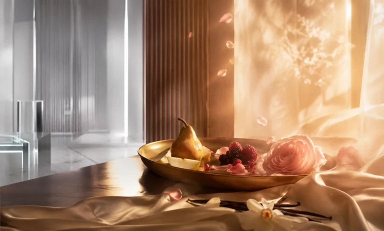 Luxury still-life scene representing Baccarat Rouge 540 alternatives without the medicinal smell, featuring soft fruits, rose petals, vanilla, and warm glowing elegance