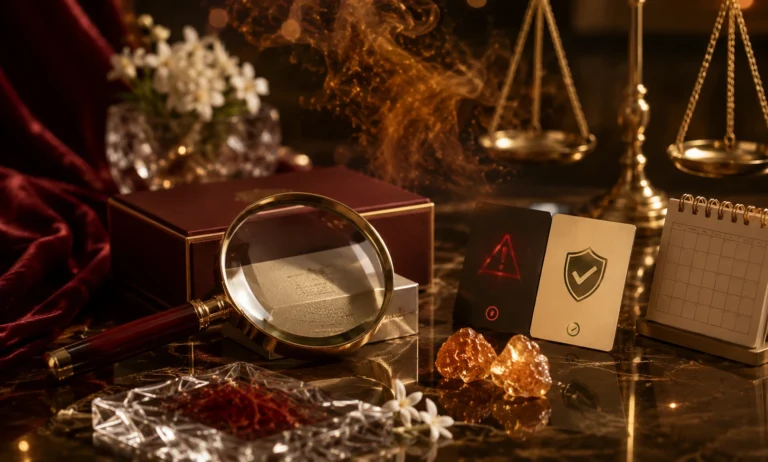 Luxury still-life representing Baccarat Rouge 540 batch code verification, with a magnifying glass, packaging boxes, warning and approval symbols, and elegant fragrance-inspired details.