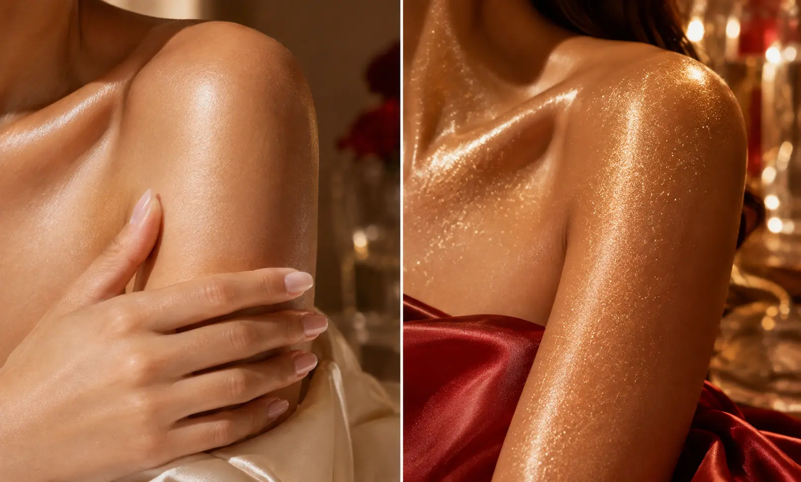 Baccarat Rouge 540 Body Oil vs Sparkling Body Oil comparison showing a natural satin skin glow beside a luminous golden shimmer finish