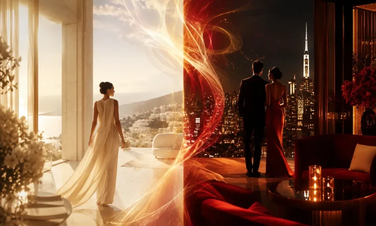 Elegant split day and night scenes representing when Baccarat Rouge 540 performs best