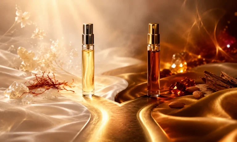 Two luxury fragrance sample vials on silk with a visual split between a lighter airy side and a richer warmer side, representing whether to sample Baccarat Rouge 540 EDP or Extrait first.