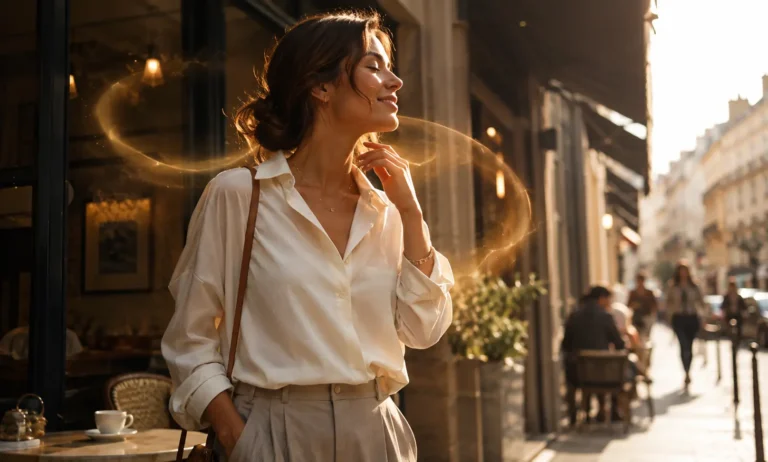 Woman wearing Baccarat Rouge 540 during an elegant everyday city outing