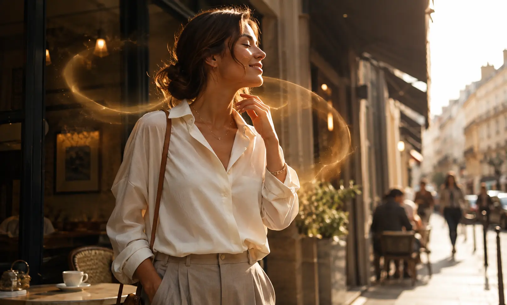 Woman wearing Baccarat Rouge 540 during an elegant everyday city outing