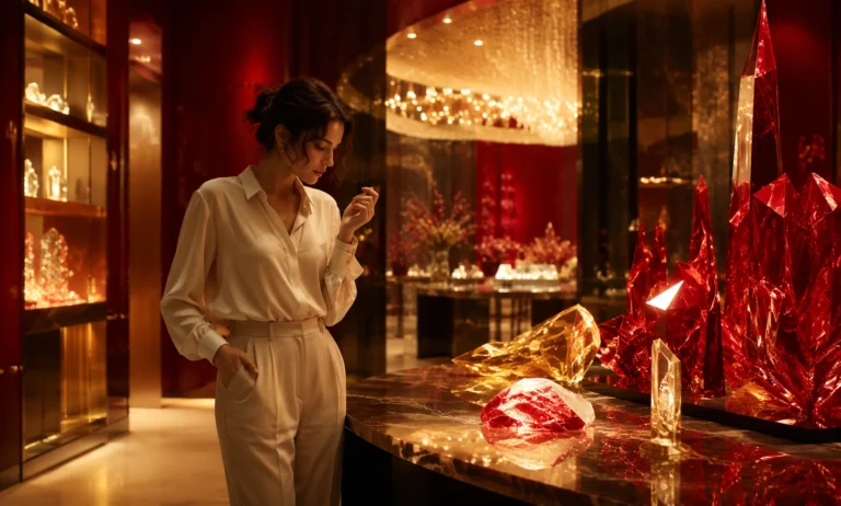 A woman exploring a luxurious red and gold fragrance boutique while considering Baccarat Rouge 540 as her first niche fragrance