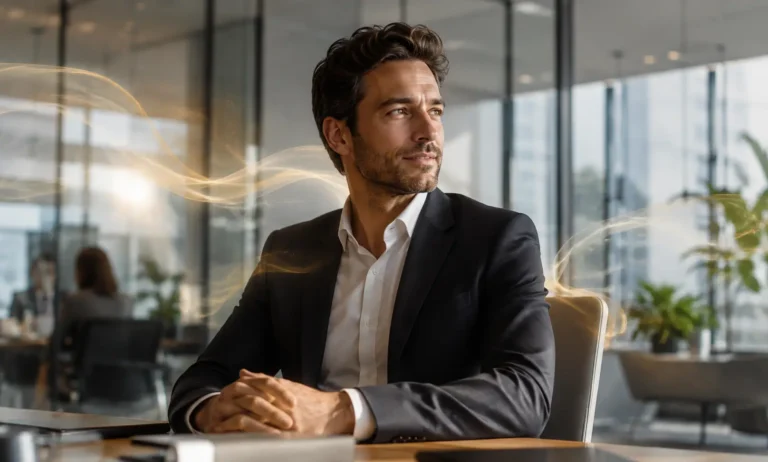 Professional man in a modern office surrounded by a subtle golden fragrance trail