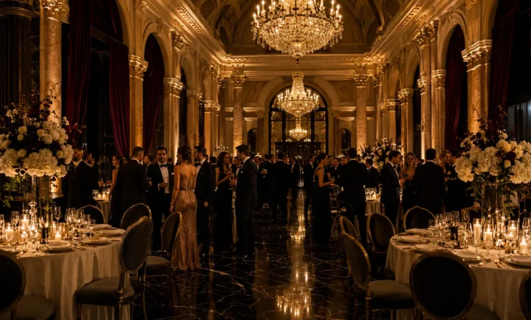 Elegant black-tie formal event in a luxurious ballroom representing Baccarat Rouge 540 for formal occasions