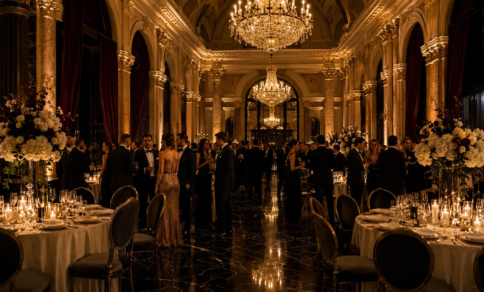 Elegant black-tie formal event in a luxurious ballroom representing Baccarat Rouge 540 for formal occasions