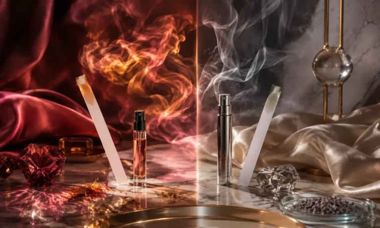 Luxury fragrance testing scene illustrating why a full bottle of Baccarat Rouge 540 may smell different from a sample or decant, with scent strips, warm and cool aroma contrast, and elegant perfume-inspired elements.