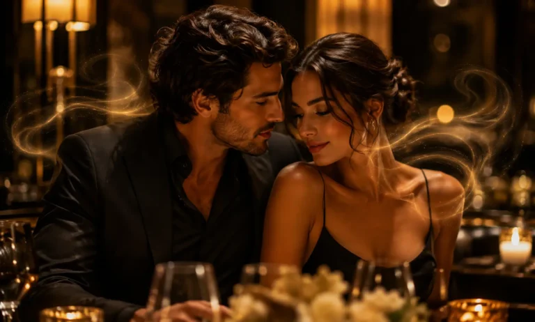 Elegant couple on a romantic dinner date representing Baccarat Rouge 540 as a luxurious date fragrance
