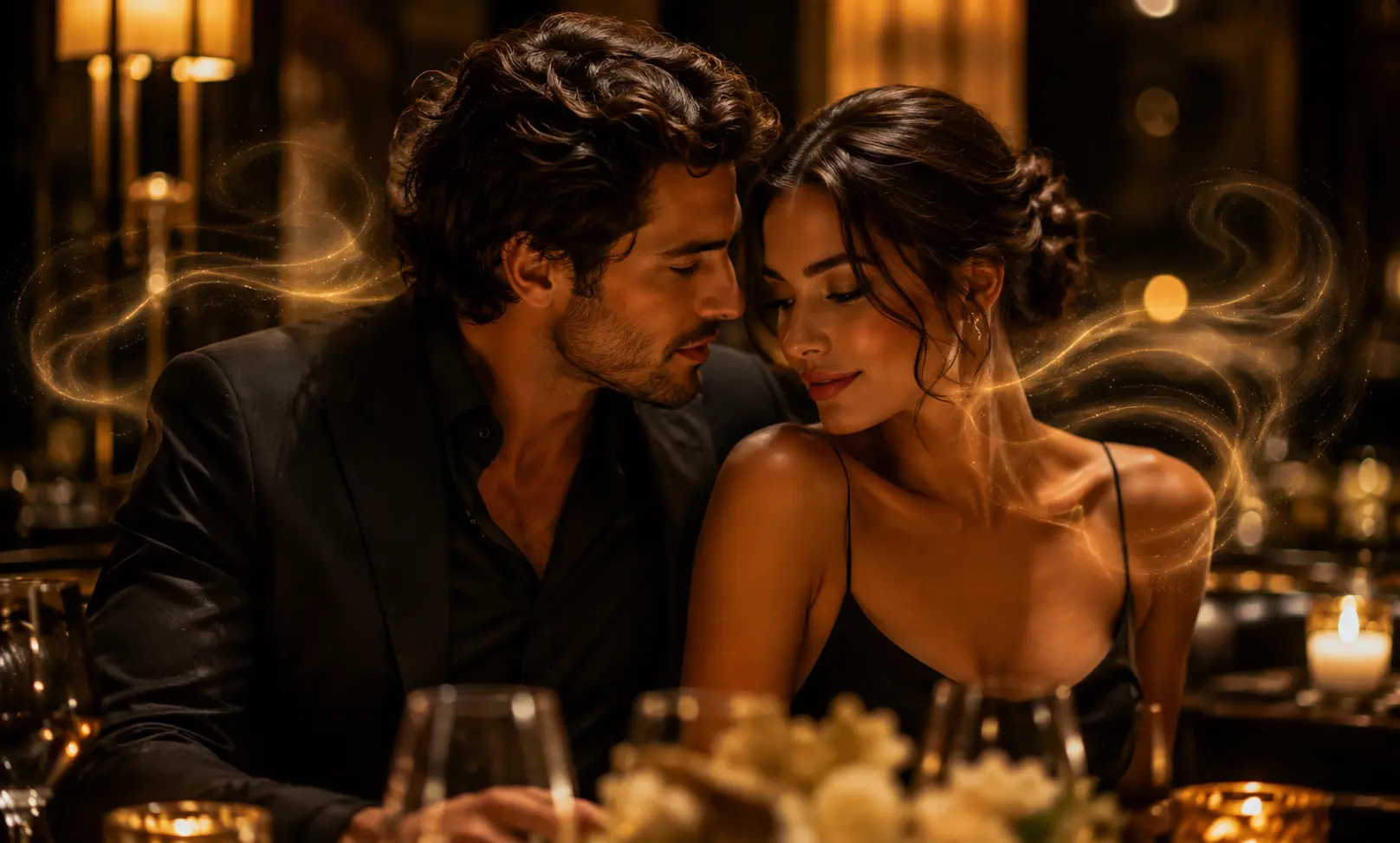 Elegant couple on a romantic dinner date representing Baccarat Rouge 540 as a luxurious date fragrance