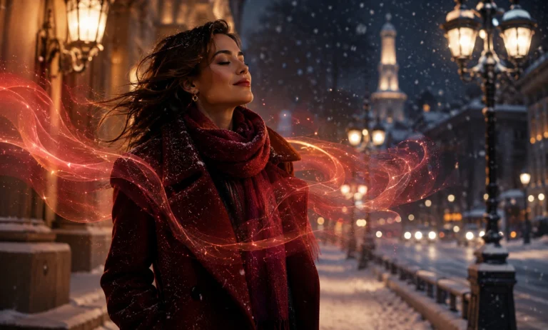 Elegant woman in a snowy city at night, representing the warm, radiant winter character of Baccarat Rouge 540