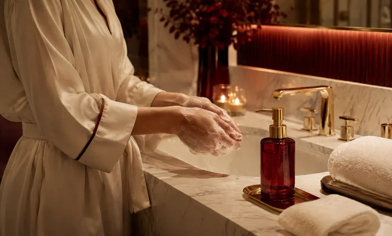 Luxury hand-washing ritual with rich foam and a red cleansing gel dispenser inspired by Baccarat Rouge 540 body care
