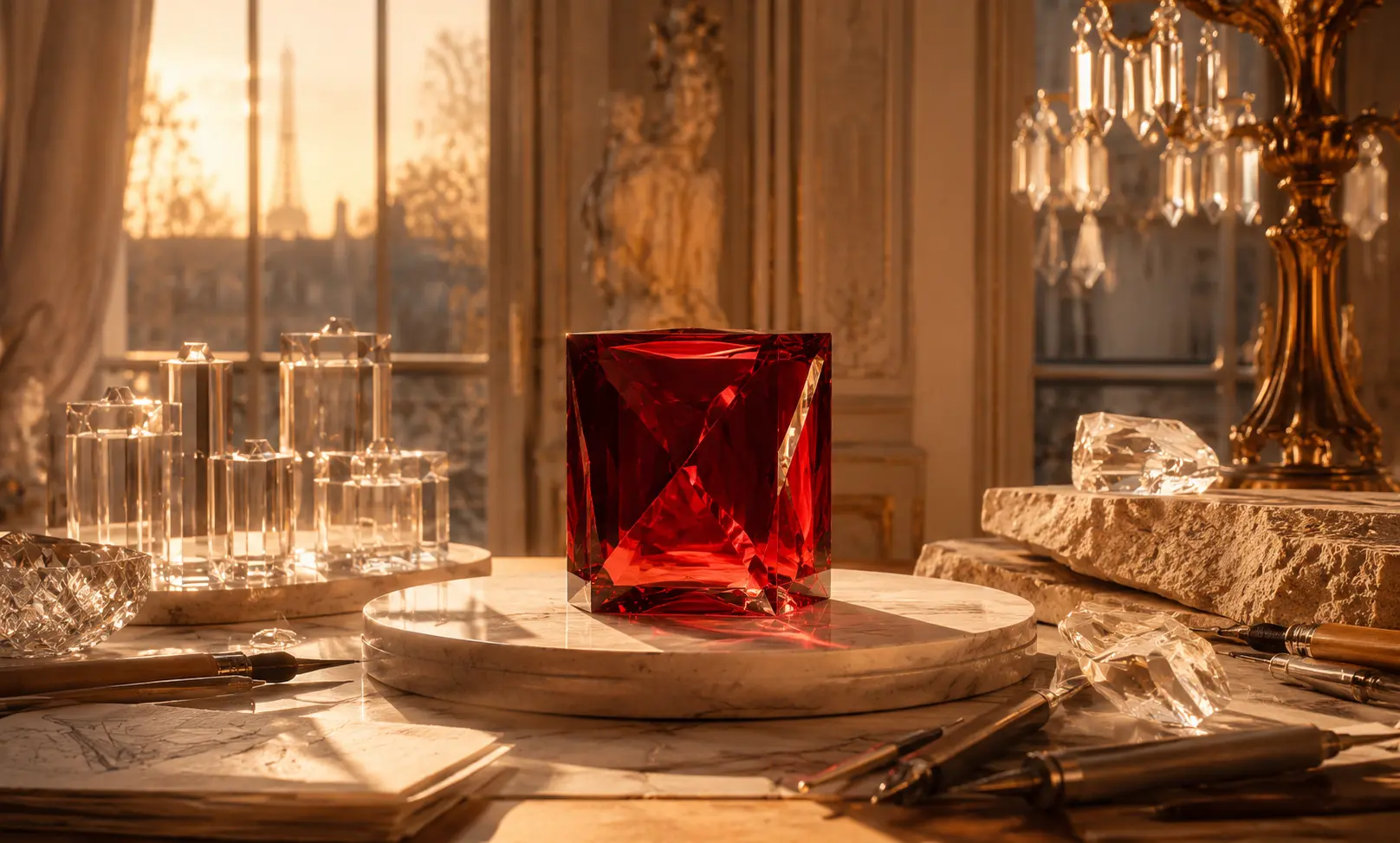A luxurious crystal-inspired scene representing the history of Baccarat Rouge 540, from its exclusive beginnings to its rise as an iconic fragrance, with a glowing red crystal centerpiece, clear crystal forms, and a Parisian atelier setting.