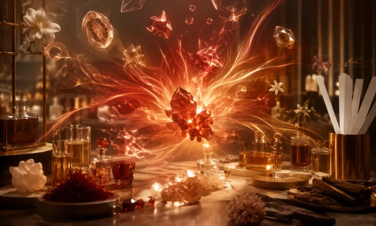 Abstract luxury perfumery scene illustrating Baccarat Rouge 540’s influence on modern fragrance trends through radiant amber, saffron, crystal, and woody elements.