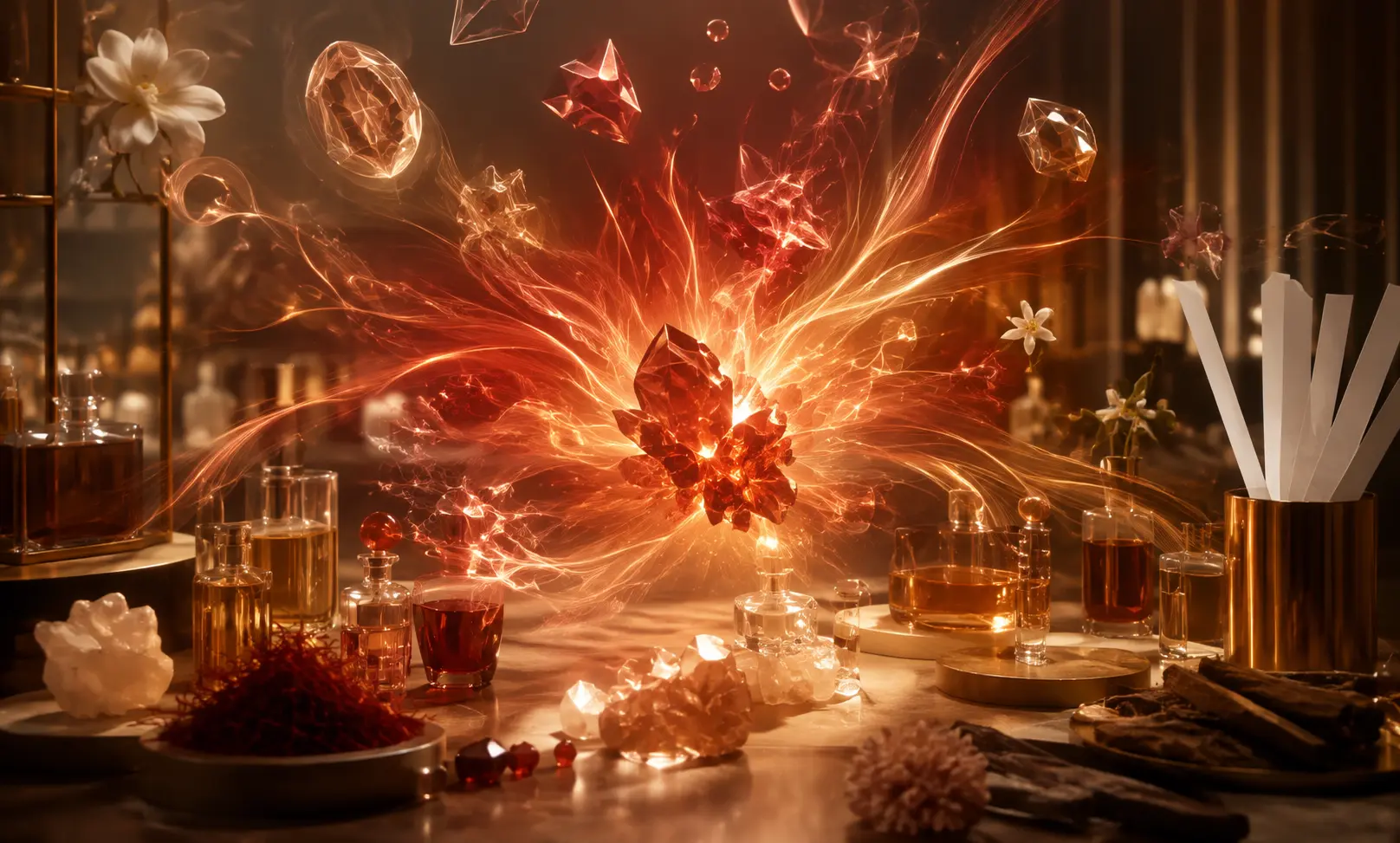 Abstract luxury perfumery scene illustrating Baccarat Rouge 540’s influence on modern fragrance trends through radiant amber, saffron, crystal, and woody elements.