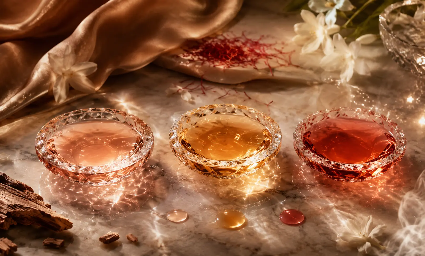 Baccarat Rouge 540 liquid color differences shown in pale rose, golden amber, and deeper red amber tones