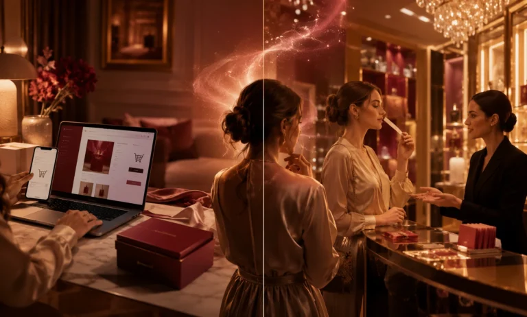 Luxury split-scene showing Baccarat Rouge 540 shopping online at home versus buying in-store at a high-end boutique, representing the decision between lower prices, convenience, and the in-person testing experience.