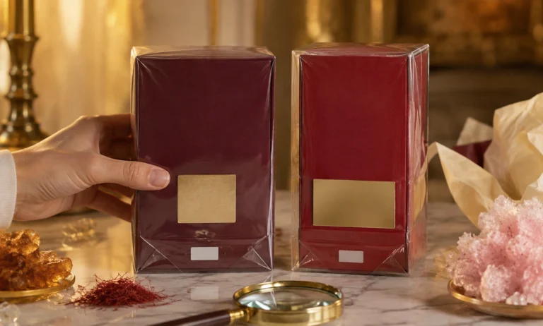 Luxury boxed fragrance packaging shown side by side, highlighting legitimate-looking differences in Baccarat Rouge 540 packaging and raising authenticity concerns
