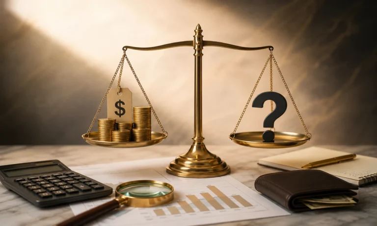 Baccarat Rouge 540 price guide represented by a luxury balance scale, coins, calculator, wallet, and price analysis