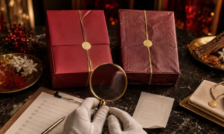 Baccarat Rouge 540 real vs fake authentication concept with luxury packaging, magnifying glass, checklist, saffron, jasmine, and amber details