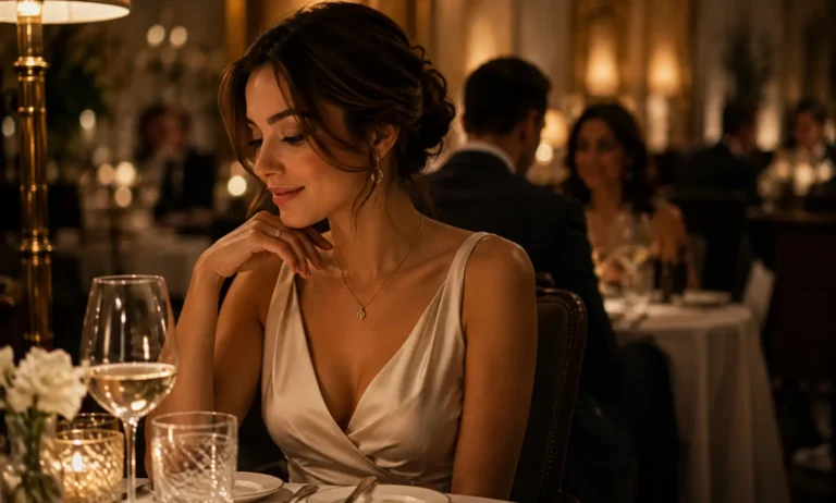 Elegant indoor restaurant scene showing a stylish woman in a warm fine-dining setting, representing Baccarat Rouge 540 as a refined fragrance choice for restaurants and enclosed spaces.