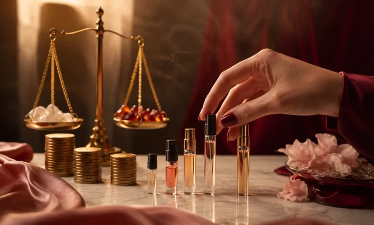 Baccarat Rouge 540 sample sizes beside coins and a balance scale representing how much to spend on a fragrance sample