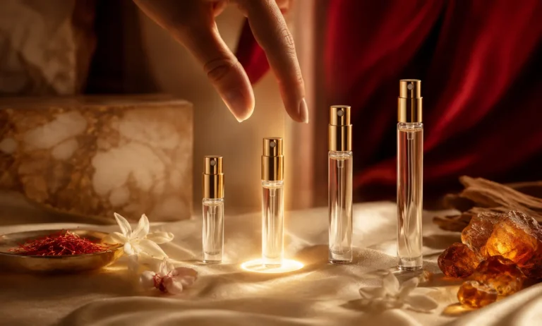 Hand selecting between different Baccarat Rouge 540 sample vial sizes arranged on silk, symbolizing the choice between 1ml, 2ml, 5ml, and 10ml before buying.