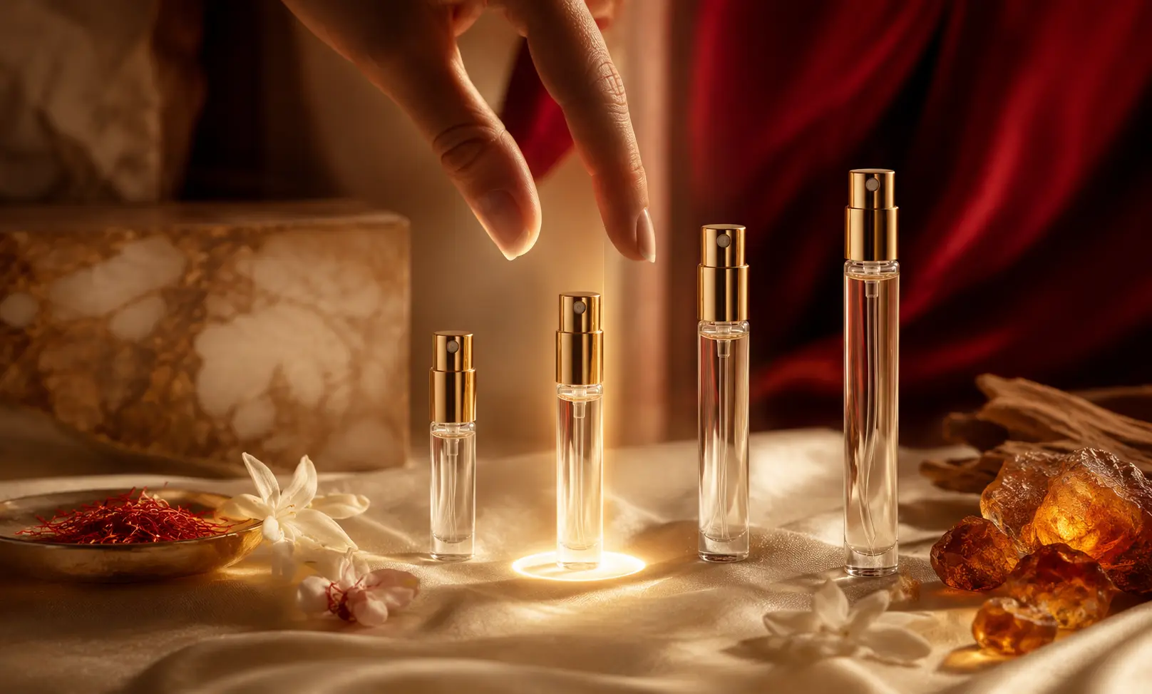 Hand selecting between different Baccarat Rouge 540 sample vial sizes arranged on silk, symbolizing the choice between 1ml, 2ml, 5ml, and 10ml before buying.