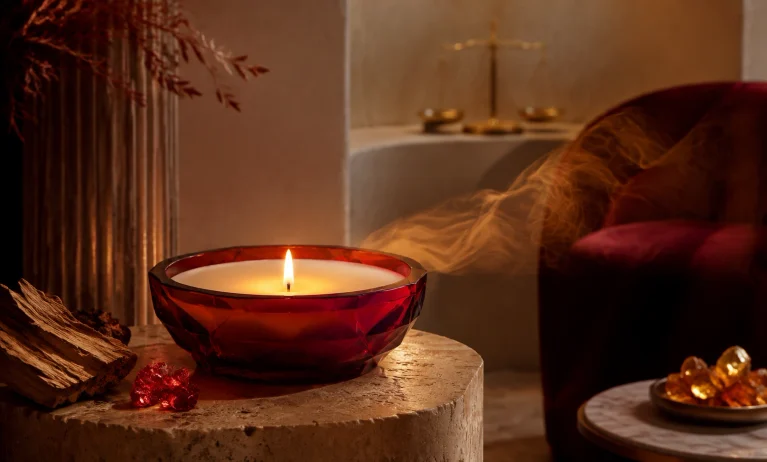 Ruby-red scented candle glowing in a luxurious amber interior inspired by a Baccarat Rouge 540 candle review