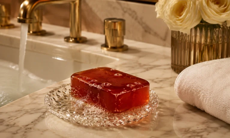 Luxury amber scented soap on a marble vanity representing the Baccarat Rouge 540 Scented Soap review