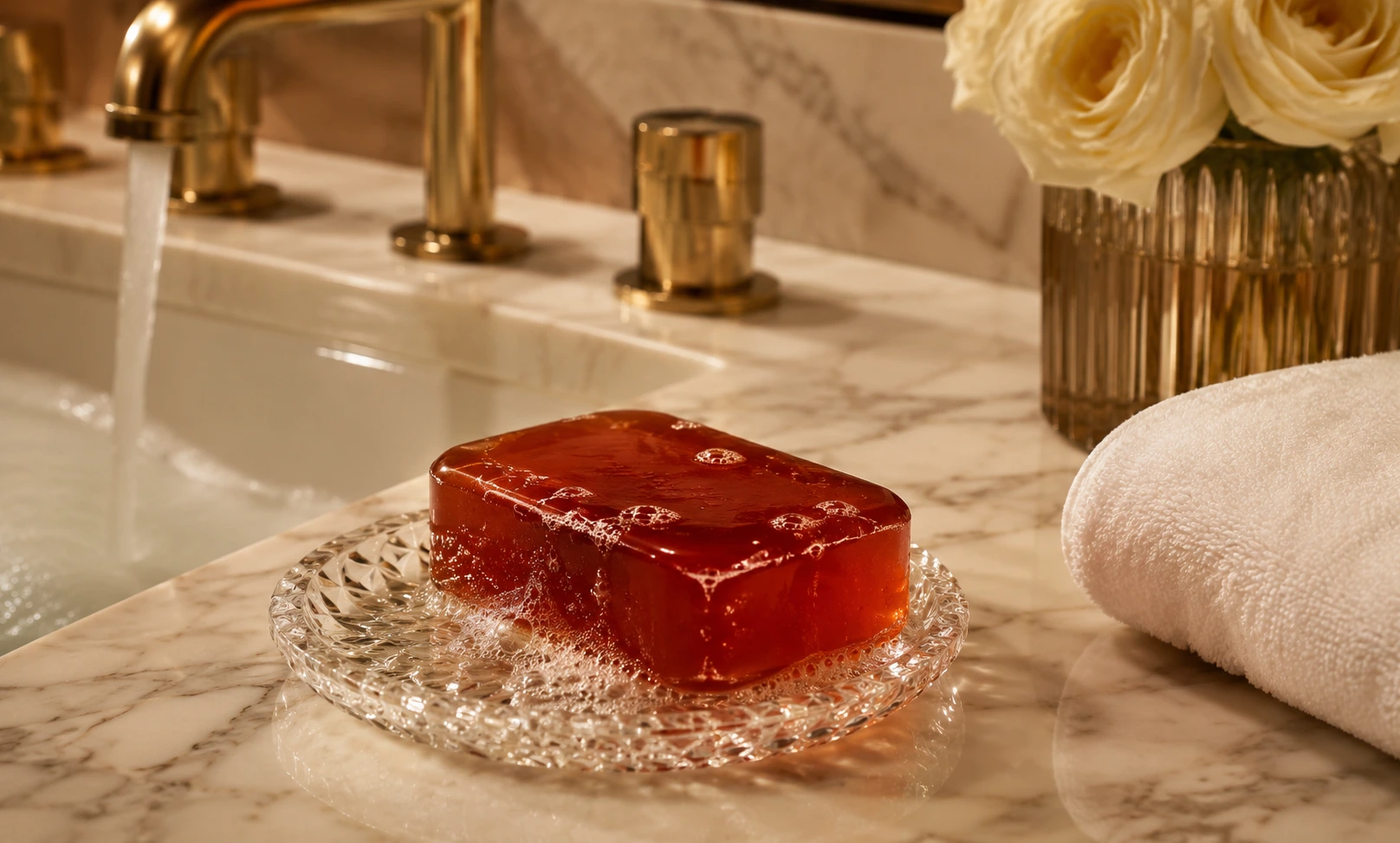Luxury amber scented soap on a marble vanity representing the Baccarat Rouge 540 Scented Soap review