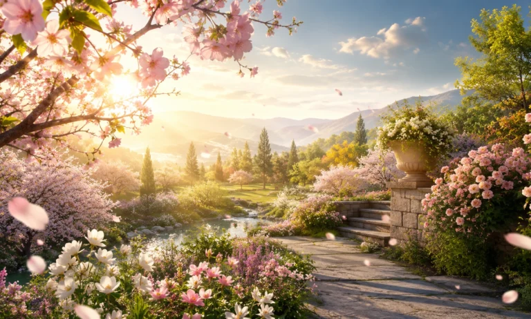 Sunlit spring garden representing the airy warmth of Baccarat Rouge 540 in mild spring weather