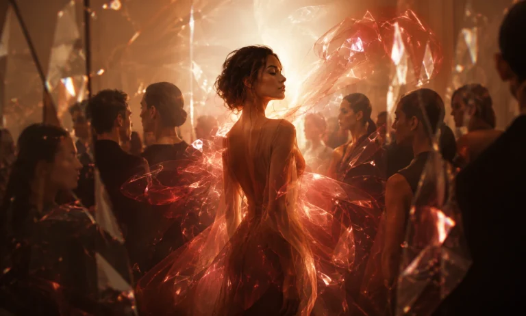 Elegant woman glowing at the center of a stylish crowd, symbolizing Baccarat Rouge 540’s balance between uniqueness, luxury, and widespread popularity.