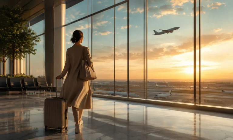 Elegant traveler with luggage in a modern airport, representing Baccarat Rouge 540 as a fragrance for travel