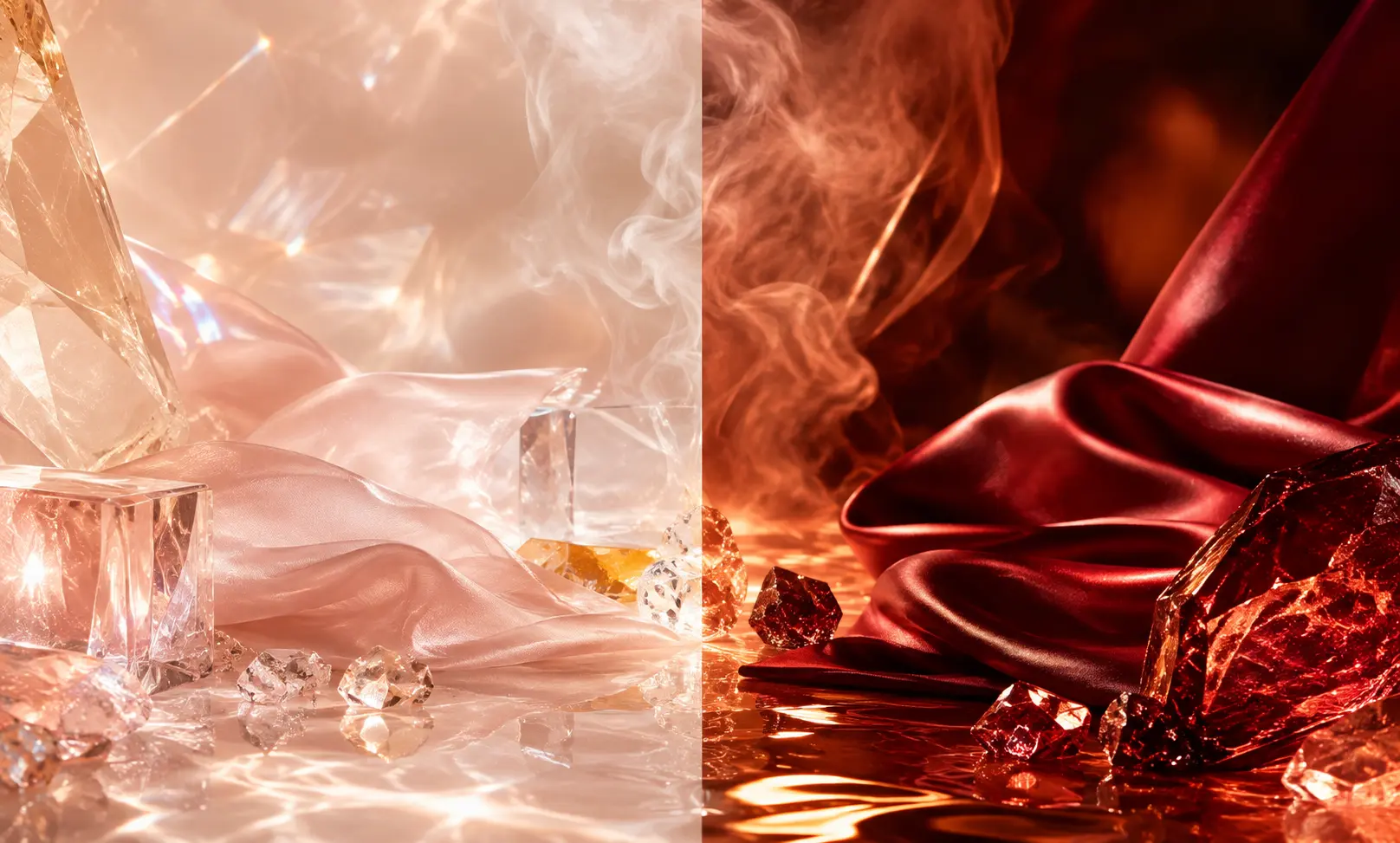Luxurious split-scene image representing Baccarat Rouge 540 vs Al Haramain Amber Oud Rouge, with airy blush crystal reflections on one side and rich ruby silk with glowing amber mist on the other, symbolizing refinement versus value.