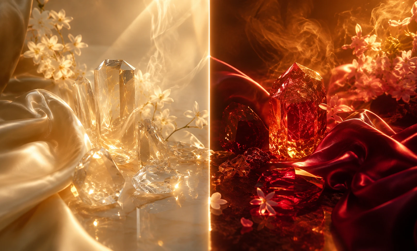 A luxurious split-scene image representing Baccarat Rouge 540 vs ALT. Crystal No. 23 through glowing crystal elements, warm amber light, ruby tones, silk textures, and fragrant mist, symbolizing a comparison between refinement and value.