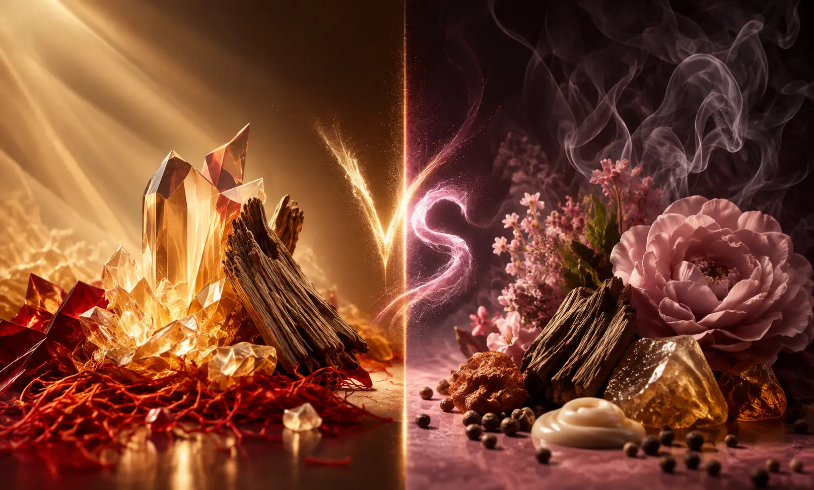 Baccarat Rouge 540 vs Amouage Guidance represented through airy saffron woods and rich floral creamy notes