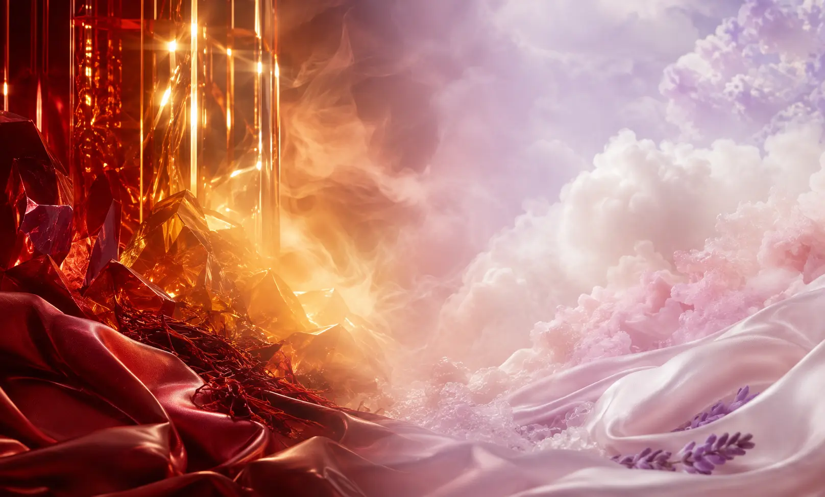 Editorial comparison image representing Baccarat Rouge 540 vs Ariana Grande Cloud through glowing amber crystals, soft pink clouds, and luxurious silk textures