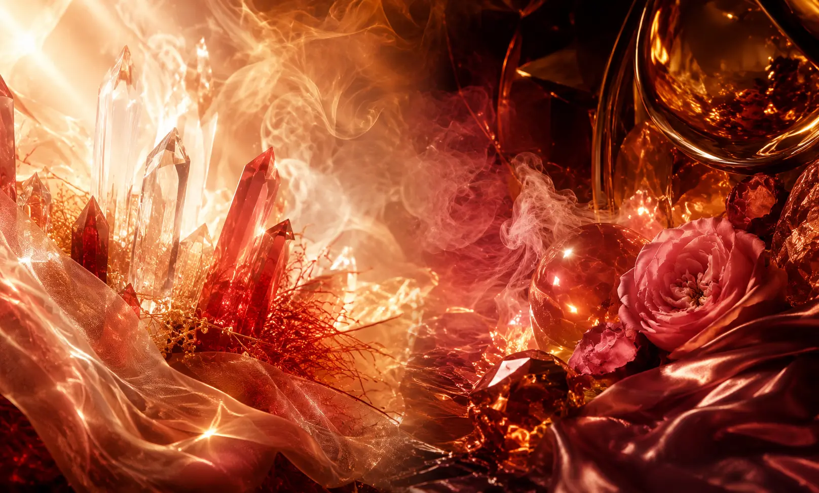 Luxurious abstract image representing Baccarat Rouge 540 vs Armaf Club de Nuit Untold with glowing amber light, ruby crystals, soft pink rose, and rich silky textures that evoke sweetness, warmth, and radiant woody elegance.