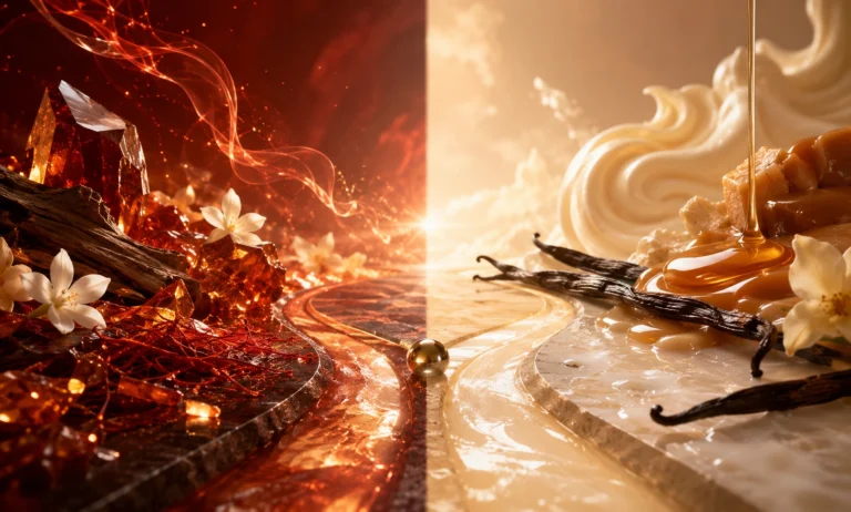 Baccarat Rouge 540 vs Bianco Latte concept image showing radiant amber woods and saffron on one side and creamy vanilla caramel on the other