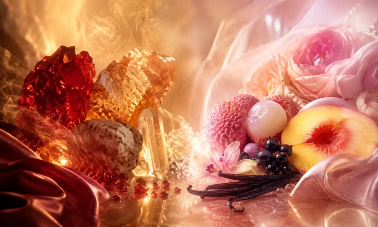 Luxury comparison image for Baccarat Rouge 540 vs Bond No. 9 Greenwich Village, showing glowing ruby crystals, amber light, pink florals, lychee, peach, berries, and vanilla in an elegant editorial composition.