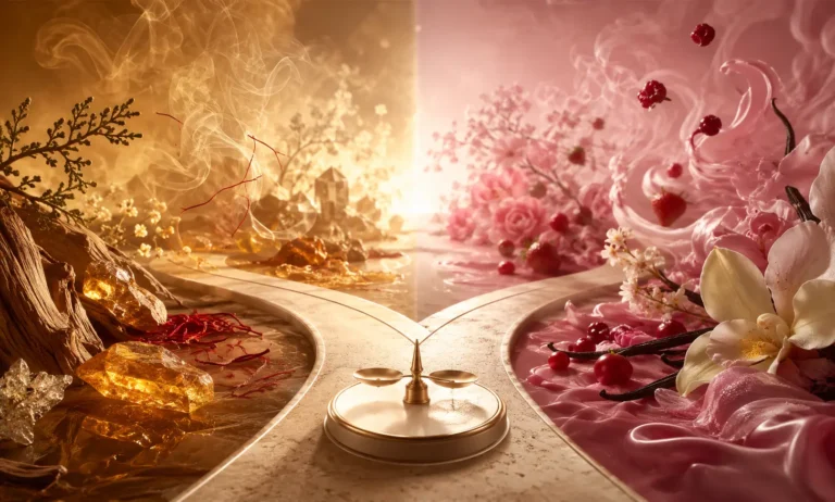 Luxury comparison image representing Baccarat Rouge 540 vs Burberry Her Elixir, showing a visual choice between airy amber saffron warmth and creamy pink fruity sweetness.