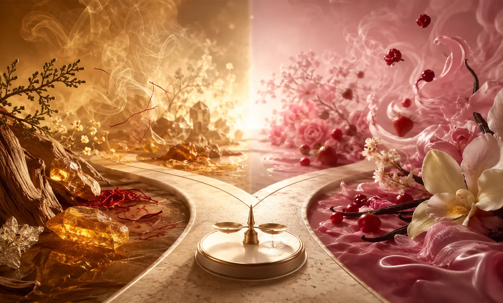 Luxury comparison image representing Baccarat Rouge 540 vs Burberry Her Elixir, showing a visual choice between airy amber saffron warmth and creamy pink fruity sweetness.