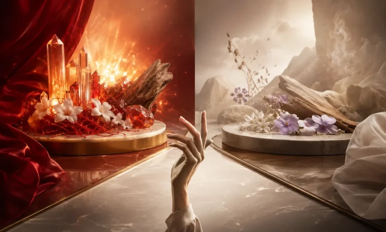 Luxury visual comparison between Baccarat Rouge 540 and Byredo Mojave Ghost, showing a dramatic warm radiant side versus a soft airy desert-inspired side