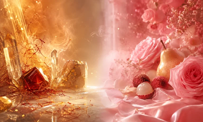 Baccarat Rouge 540 vs Delina Exclusif visual comparison with saffron, amber and mineral tones contrasted with rose, pear and lychee.