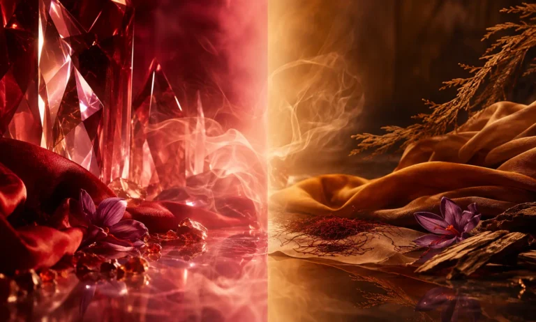 Luxury comparison image representing Baccarat Rouge 540 vs Dossier Ambery Saffron through ruby crystal reflections, glowing amber light, saffron flowers, silky fabric, and warm aromatic mist.