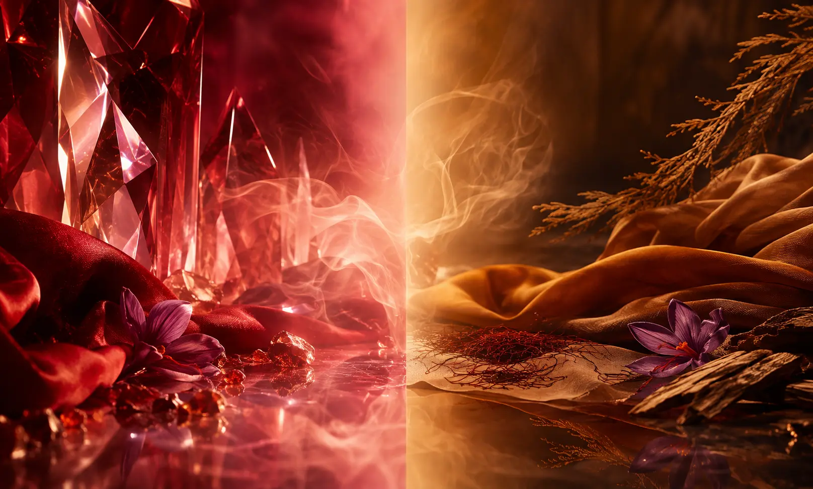 Luxury comparison image representing Baccarat Rouge 540 vs Dossier Ambery Saffron through ruby crystal reflections, glowing amber light, saffron flowers, silky fabric, and warm aromatic mist.